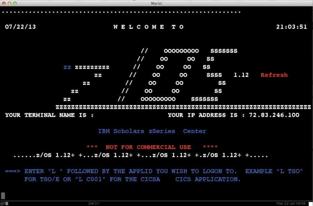 Login screen for a z/OS system